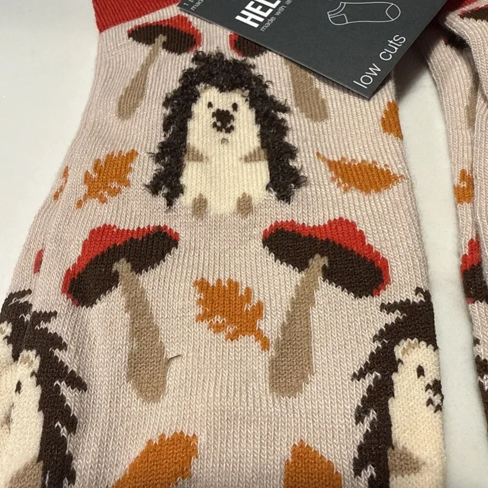 Hello Socks! Hedgehog Mushroom Low-Cut Socks One Size (4-10) 3 Pairs Women’s